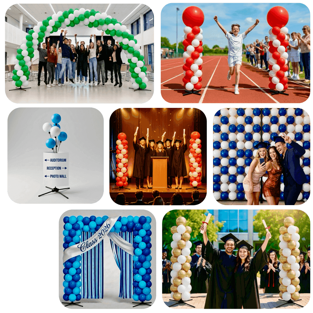 Columnas de globos reutilizables en ceremonia de graduación en auditorio escolar