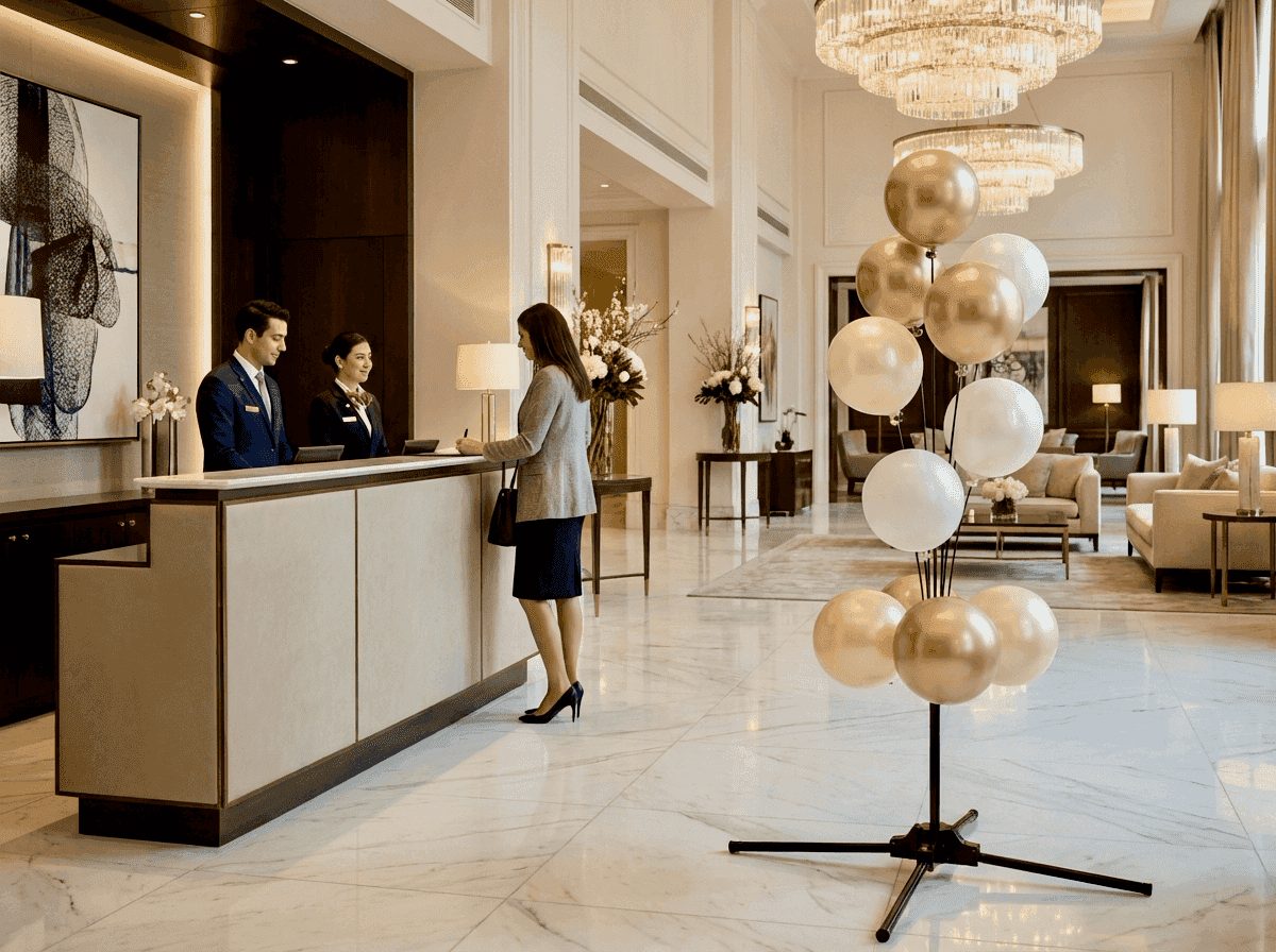 Fuente de globos PilaMania en champán y blanco en el vestíbulo de un hotel de lujo